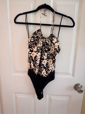Free People Floral Halter Bodysuit - Black/Cream/Red