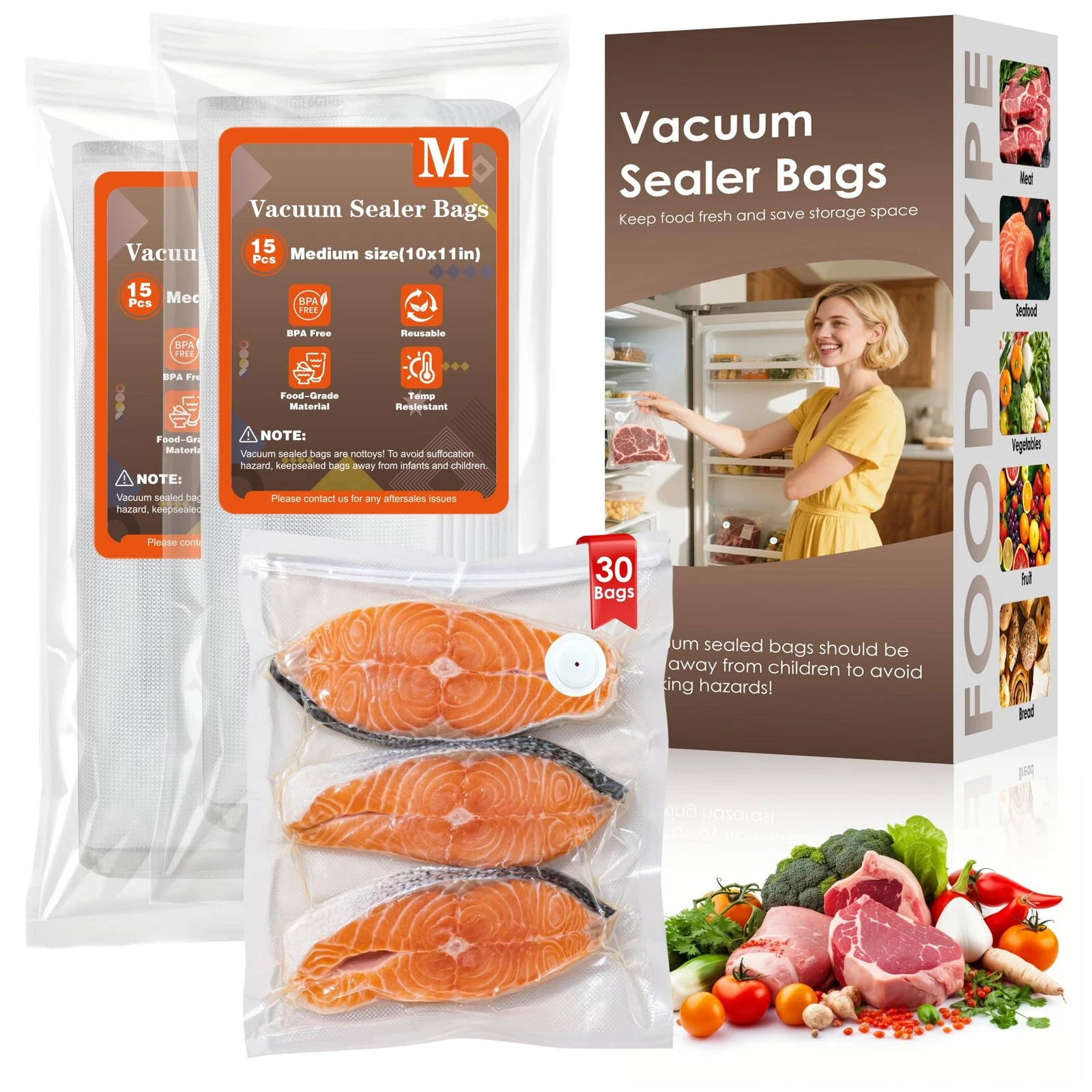 Natupo Vacuum Sealer Bags,Reusable 30 Medium Bags (10x11 in), white