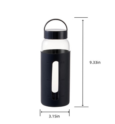 25 oz Glass Water Bottle with Black Protective Silicone Sleeve