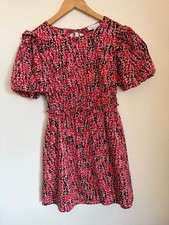 TOPSHOP Size 6P Red Black Puffed Sleeve Open Back Romantic Mini Floral Tea Dress