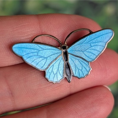 Vintage Cloisonné Enamel Butterfly Pin Guilloche Blue Small Insect Brooch