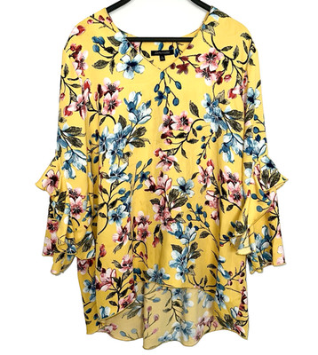 JOHN MARK Size Large Pullover Tunic Top Yellow Floral Ruffle Lightweight Boho