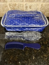 NEW Vtg Estee Lauder Hair Brush Ball Tipped 6.5" Comb Travel Purse Navy & Case
