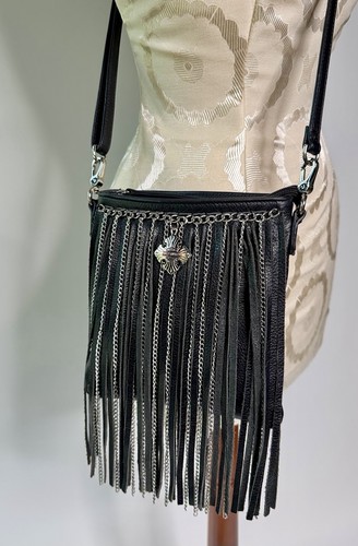 Harley Davidson Black Leather Fringe Chains Cross Zipper Purse Adjustable Strap