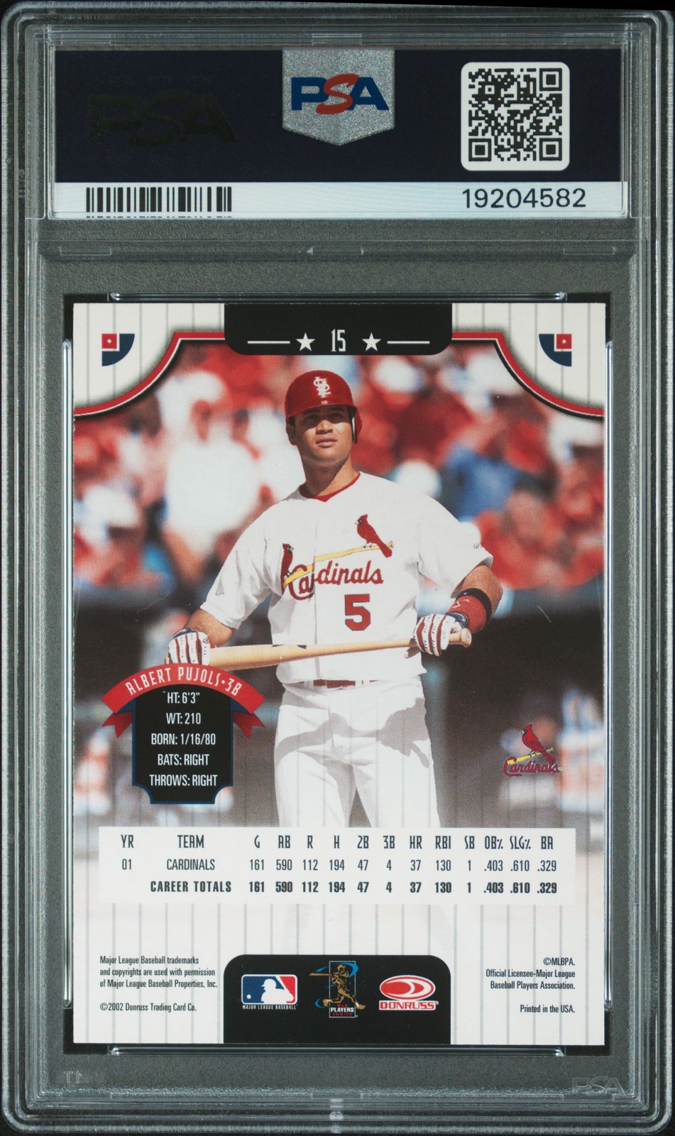 2002 DONRUSS #15 ALBERT PUJOLS PSA 10 view 2