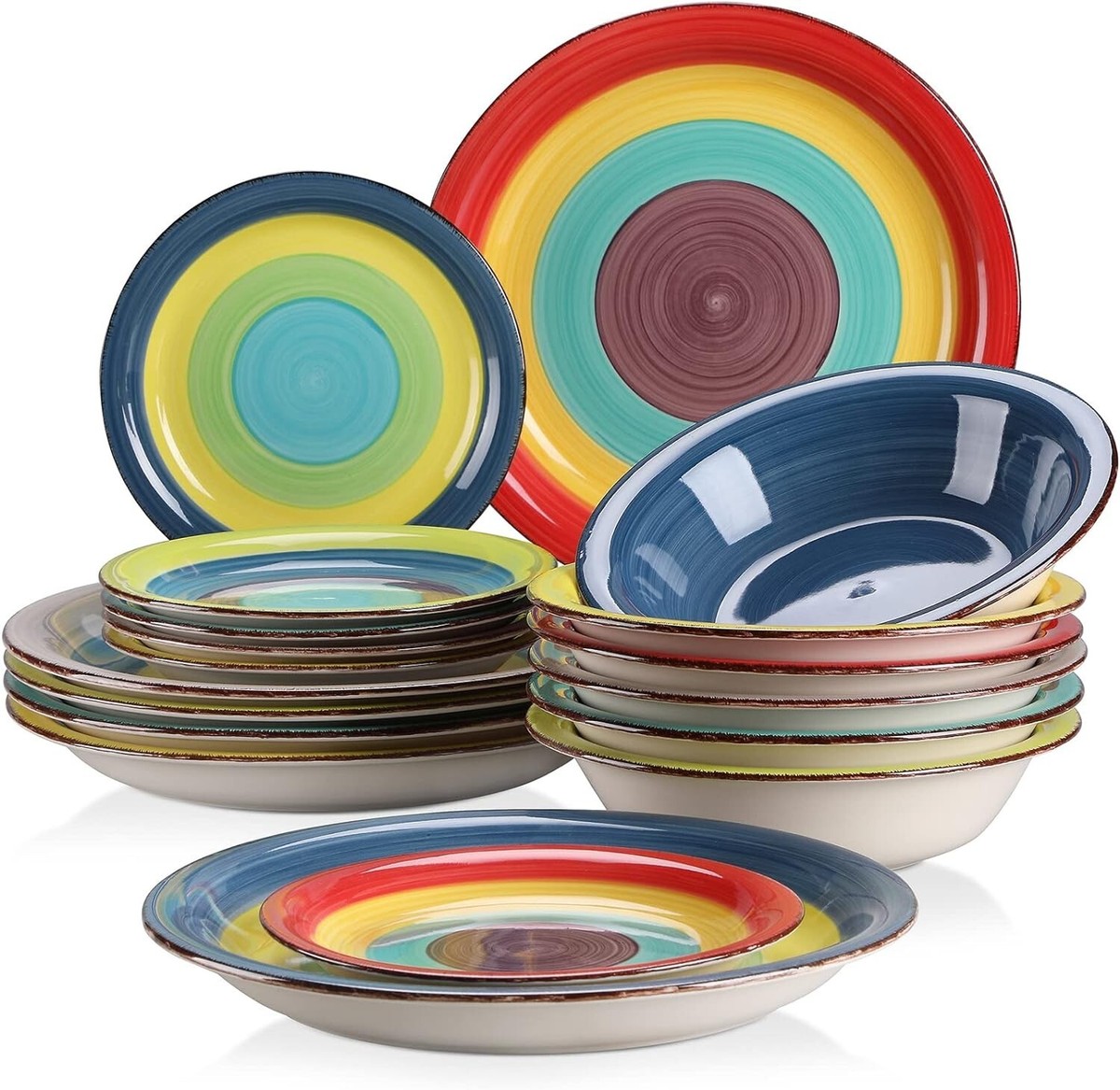 18pc Dinner Set Stoneware Hand-painted Multicoloured Plates Bowls