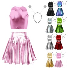 Womens Crop Top Hair Hoop Flare Skirt Space Fancy Dress Clubwear Outfit Alien