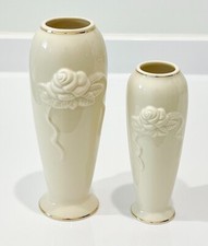 LENOX Gold Trim ROSE BLOSSOM Pattern Cupped FLOWER VASES (2-Sizes) Excellent