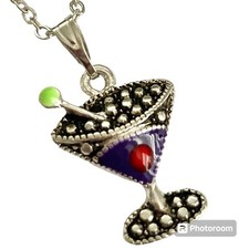 Martini Cóctel Bebida Taza Vidrio Dije Collar Colgante Esmalte Púrpura Cadena 18"
