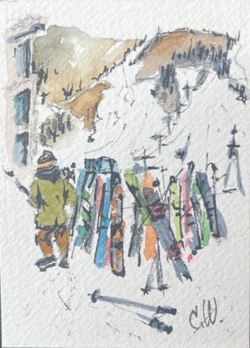 Original Watercolor Painting ACEO Apres-Ski 1/4 ATC Artist Trading Card - Afbeelding 1 van 2