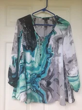 Style and Co Sz M Womens 3/4 Sleeves Button-Down Top Blouse Tie Neck