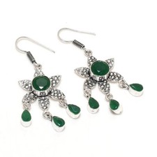 Faceted Green Onyx Gemstone Handmade 925 Sterling Silver Jewelry Earrings 2" S55
