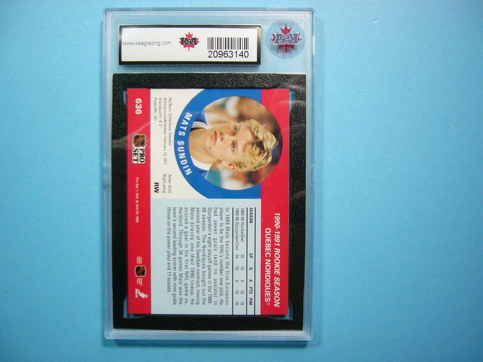 1990/91 PRO SET NHL HOCKEY CARD 636 MATS SUNDIN ROOKIE RC KSA 10 GEM