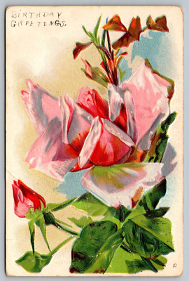 Postcard Happy Birthday Greeting With Embossed Pink Red Roses VTG