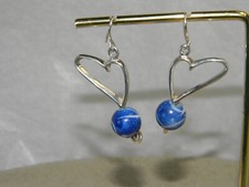 Sterling Silver Open Heart and Blue Bead Dangle Earrings Signed