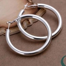 Classic Large 2" Silver Hoop Earrings Secure Back Round Hollow Lghtweight Basic