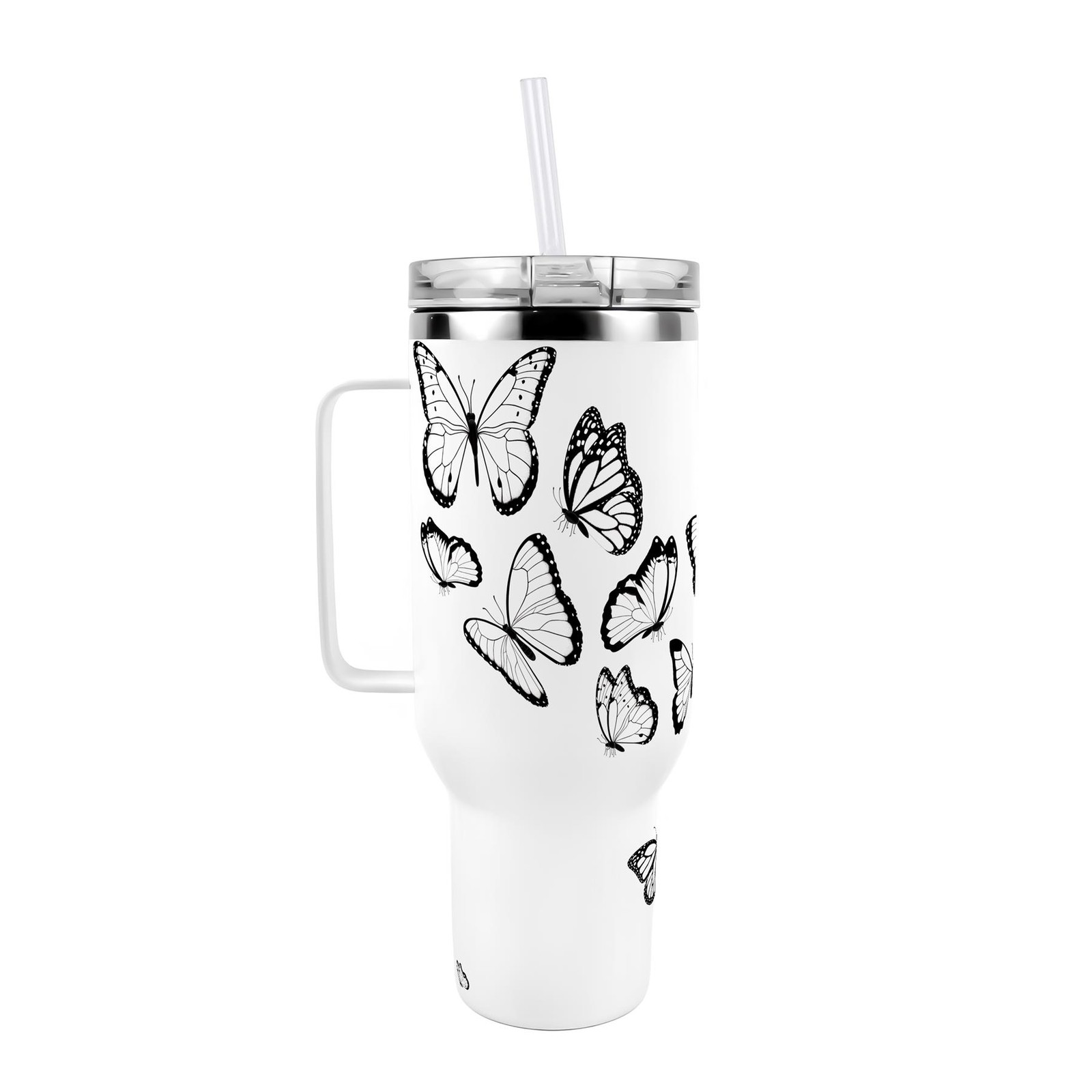40oz Stainless Steel XL Travel Cup with Straw and Lid - Black Butterflies