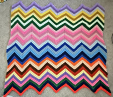 VTG Handmade Wool Crochet Afghan Throw Chevron Cottagecore Blanket Bright Warm