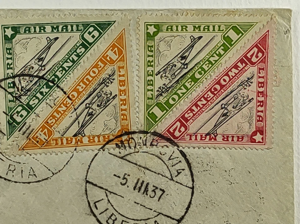 1937 Liberia Primer Vuelo Correo Aéreo Cubierta vía Air France Monrovia - Londres Inglaterra Foto 3 de 4