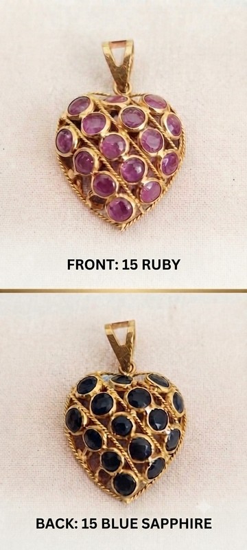 18kt YG Vintage Puffy Heart Double-sided Ruby & Blue Sapphire Pendant 1.6g