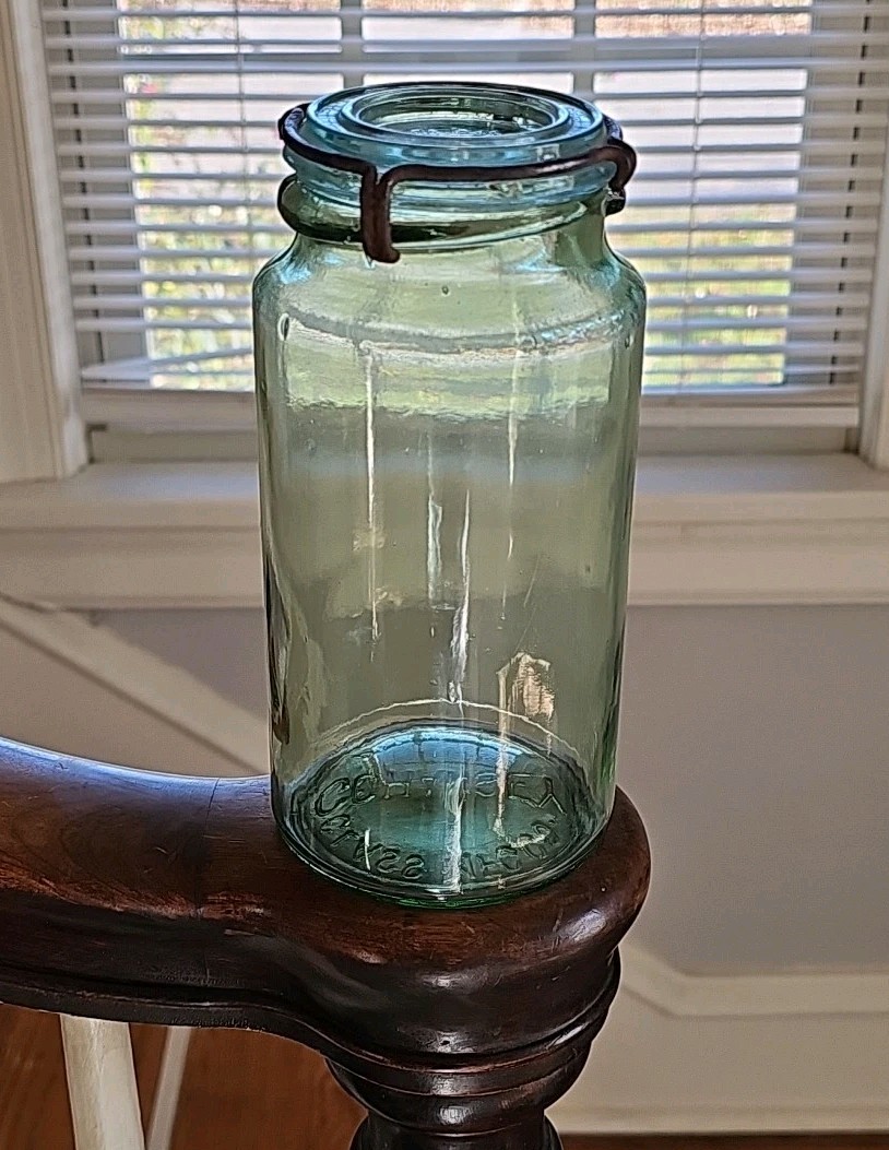 Apple green Cohansey fruit canning jar tall cylinder quart aqua wire lid Mason