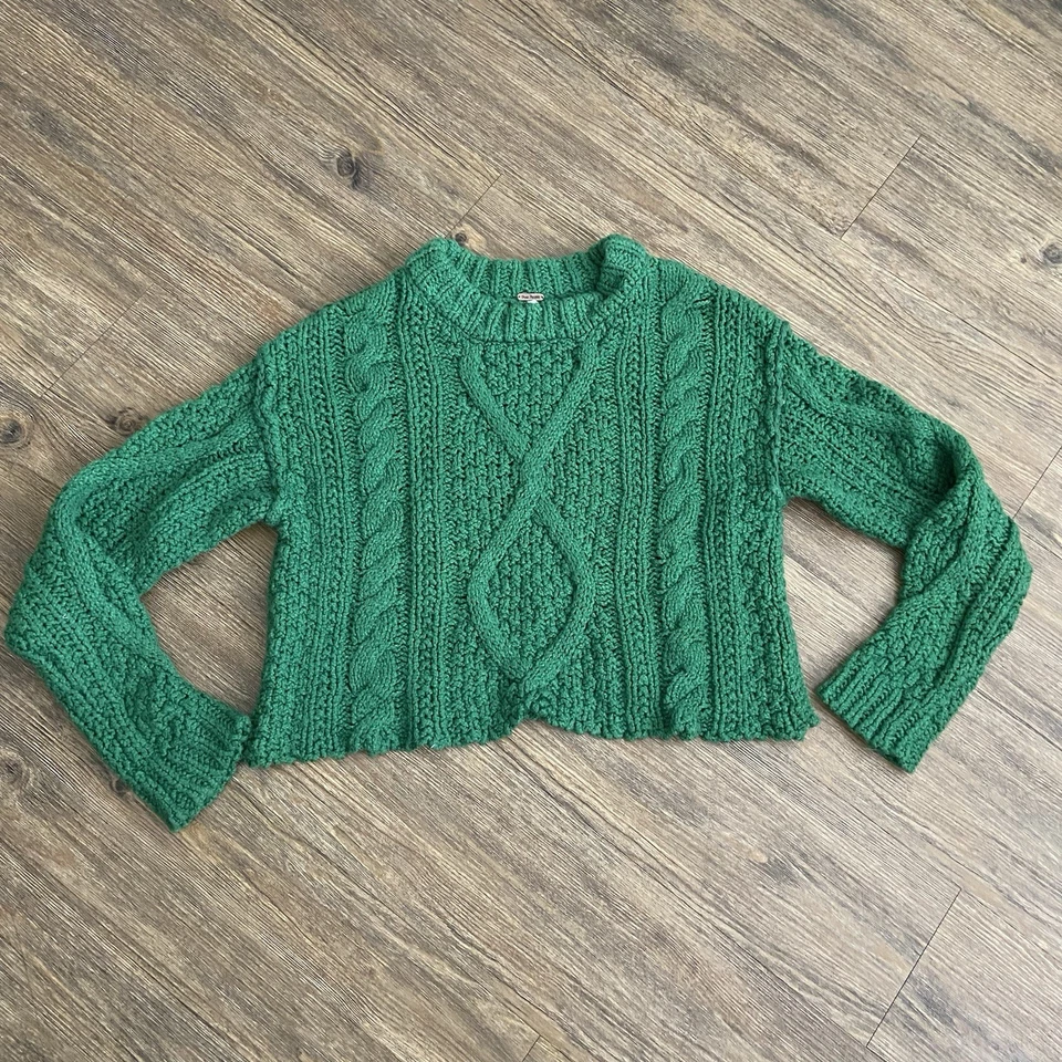 Free People Cutting Edge Cable Knit Sweater Green Cropped Boxy Chunky XSMALL  XS - Image 2 of 4
