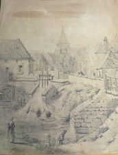 FRENCH SCHOOL NINETEENTH DRAWING LANDSCAPE ANIME VILLAGE BRIDGE MILL WHEEL in AUBES 1850