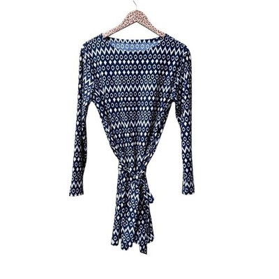 Coolibar Coastline Cover Up Mini Dress Long Sleeve Navy Blue Geo Ikat Medium