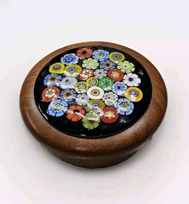 Mcm Millefiori Enamel On Copper Walnut Paperweight Artist Signed 