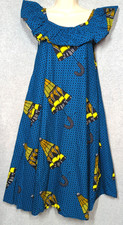 Boho Sun Dress Shift M Bright Bold Blue Yellow Beach Umbrella Print Artsy Beachy