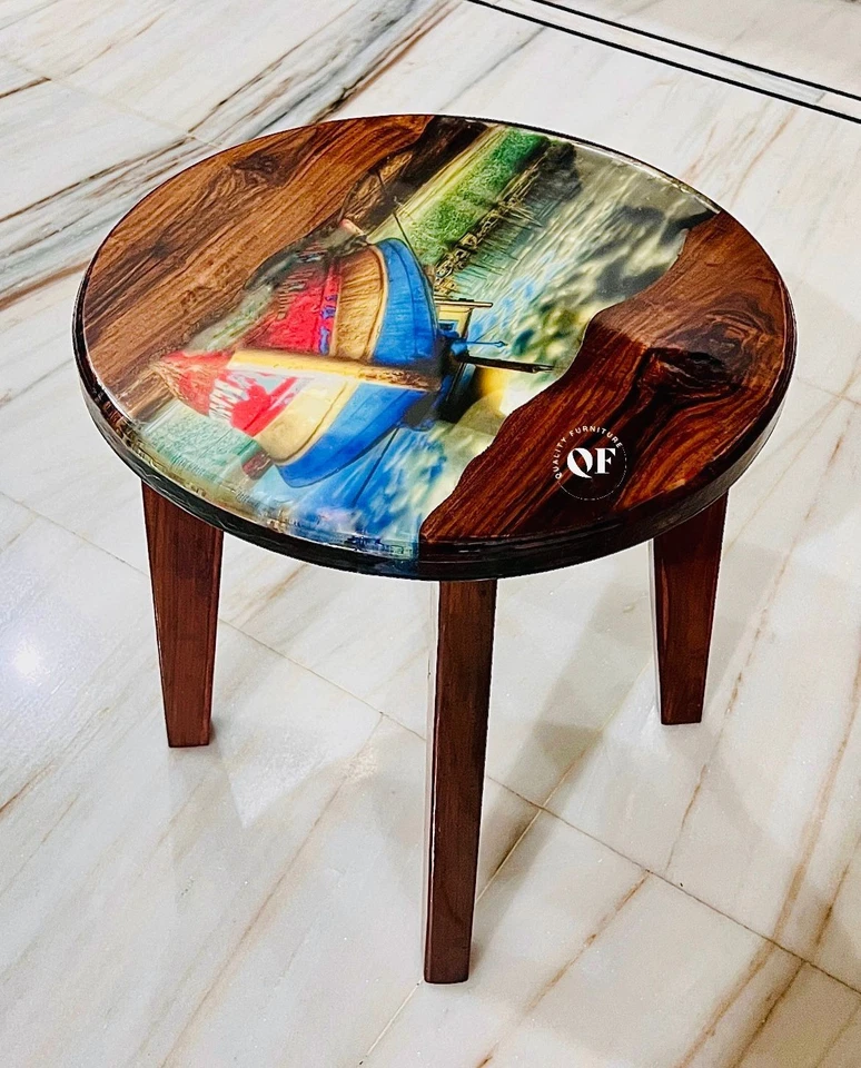 Resin Port View Teak Coffee Table, Round Epoxy Teak Wood Coffee Table, Live Edge - Image 3 of 4
