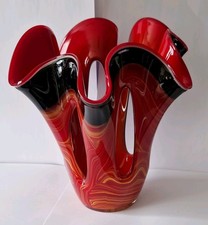 Vintage Jozefina Krosno Polish Art Glass Handkerchief Vase Red Black Flame 9"