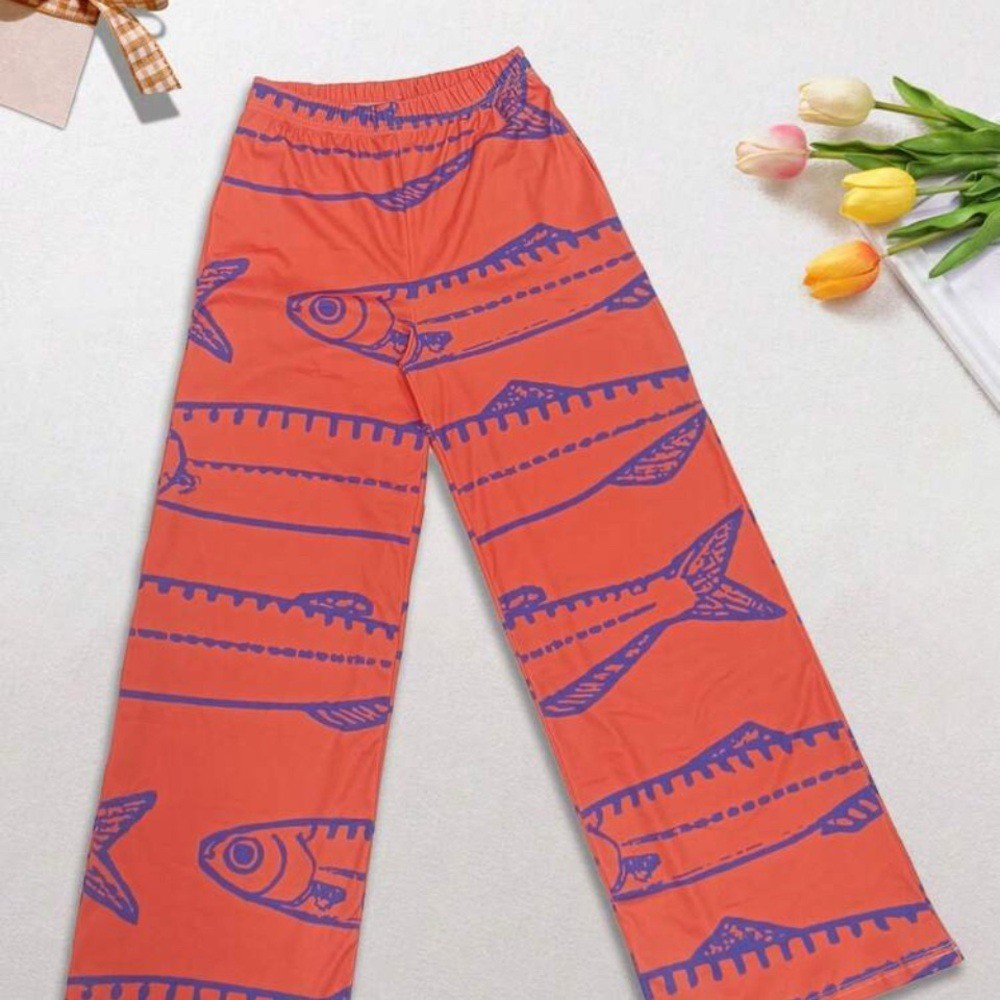Source Unknown Vibrant Orange Fish Print Wide Leg… - image 2