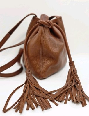Hobo Sander Crossbody Bag Camel Brown Leather Drawstring Bucket Tassels