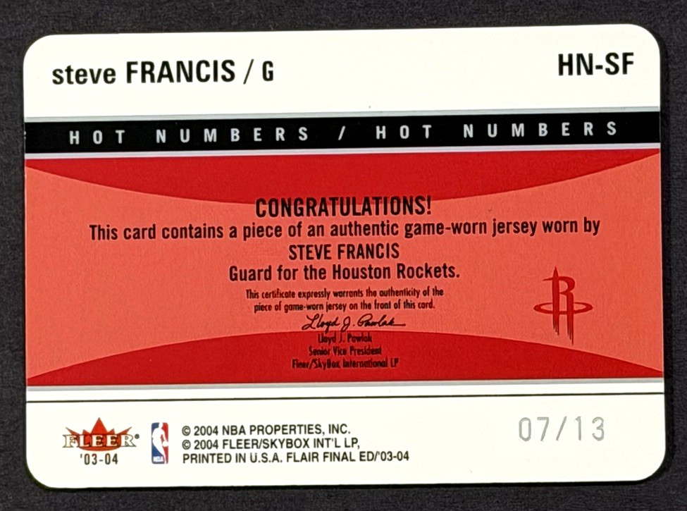 2003-04 FLEER HOT NUMBERS STEVE FRANCIS GAME USED JERSEY PATCH /13 view 2