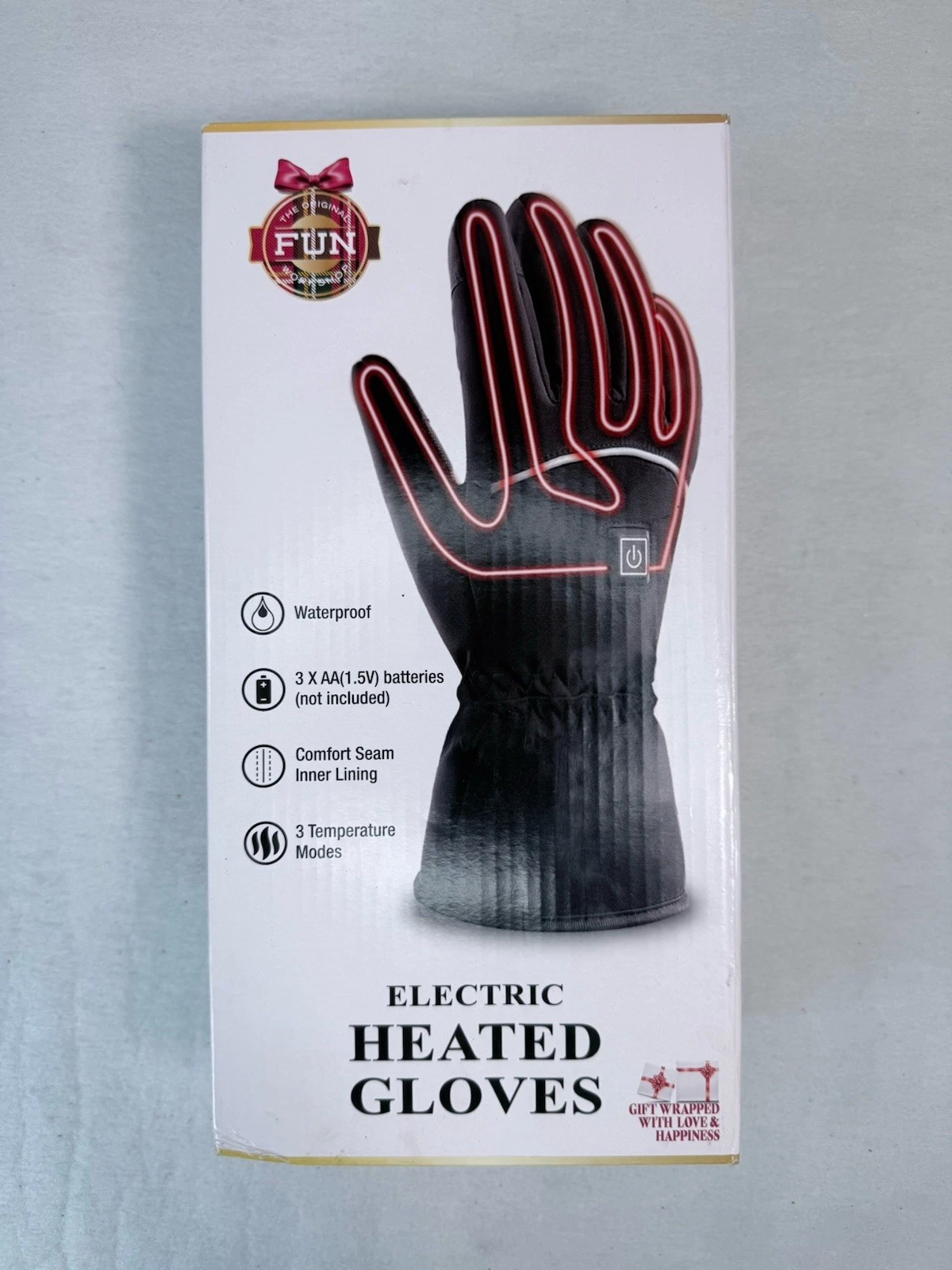 FUN Battery Heated Waterproof Gloves Black Winter Sports 3 Temperature Modes