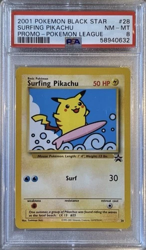 2001 POKEMON PROMO BLACK STAR #28 SURFING PIKACHU PROMO-POKEMON LEAGUE PSA 8
