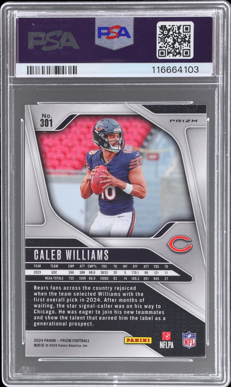 2024 Panini Prizm Caleb Williams #301 PSA 9 Green Ice Prizm Football Mint RC view 2