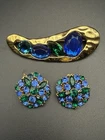 Green & Blue Rhinestones Brooch and Earrings Set Vintage Costume Jewelry