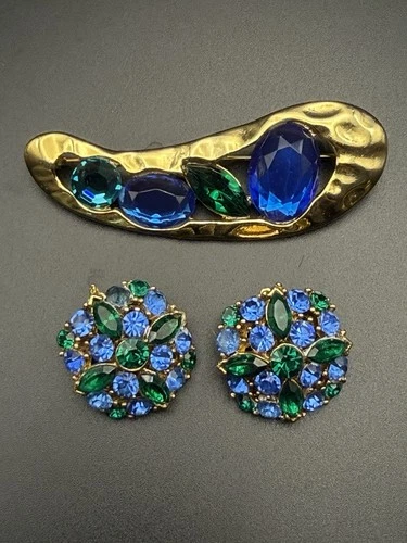 Green & Blue Rhinestones Brooch and Earrings Set Vintage Costume Jewelry