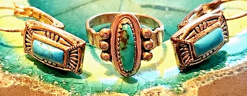 Earrings and Ring Set—Turquoise Set in Sterling Silver, Size 6 Ring