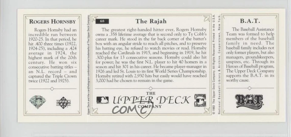 1993 Upper Deck BAT Triple-Folders Rogers Hornsby #68 HOF - Image 2 of 2