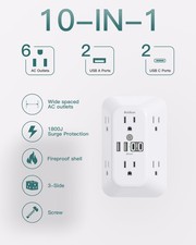 Surge Protector 6 Outlet Extender Splitter 4 USB Wall Charger 2 USB-C Port 1800J