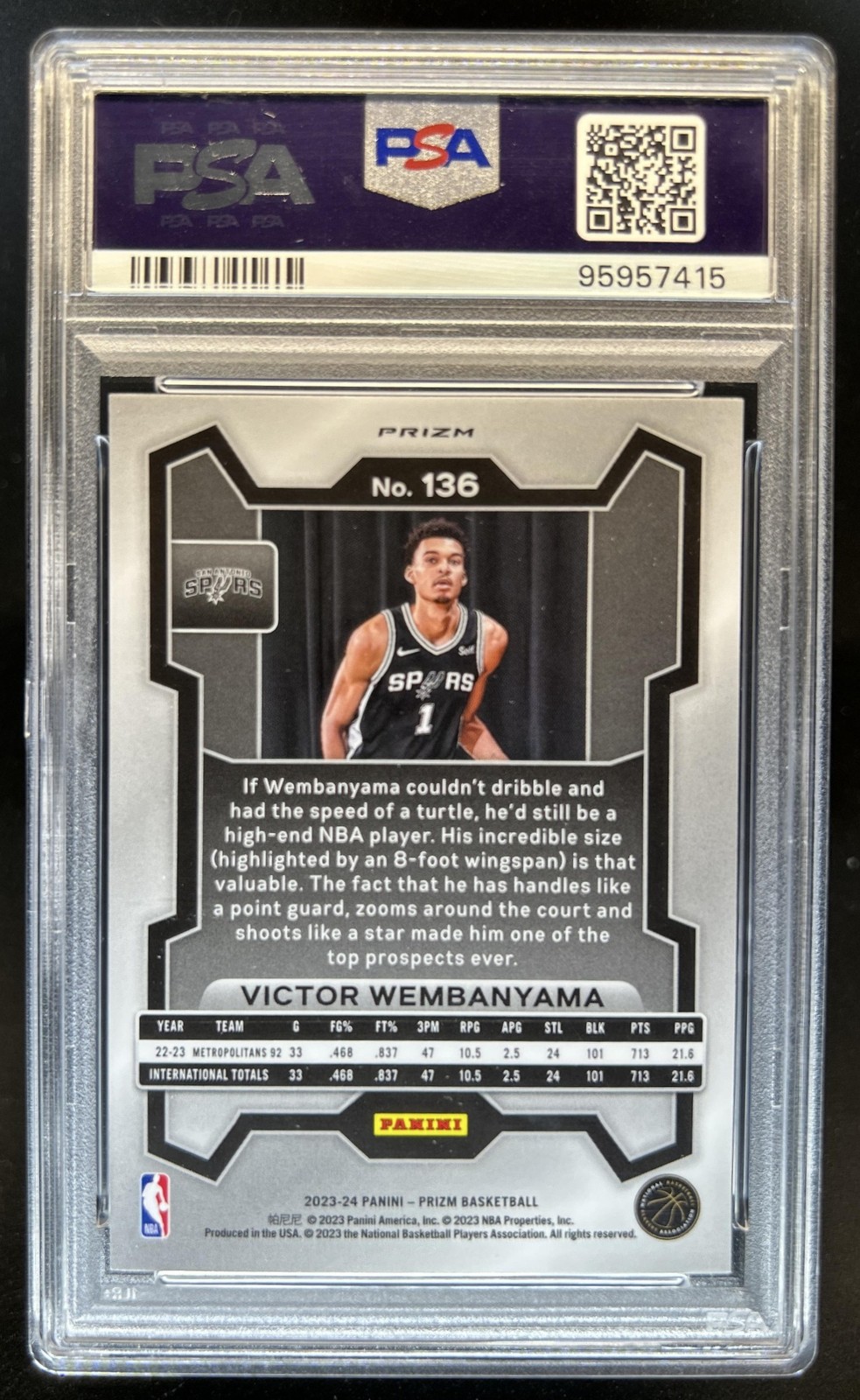 2023-24 Panini Prizm Victor Wembanyama Prizm Green Rookie RC #136 Spurs PSA 10 view 2