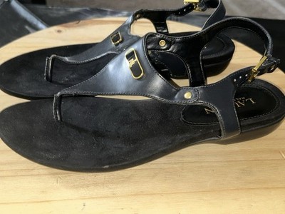 Lauren Ralph Lauren Kacy Black T-Strap Thong Sandals Gold Logo 8.5B