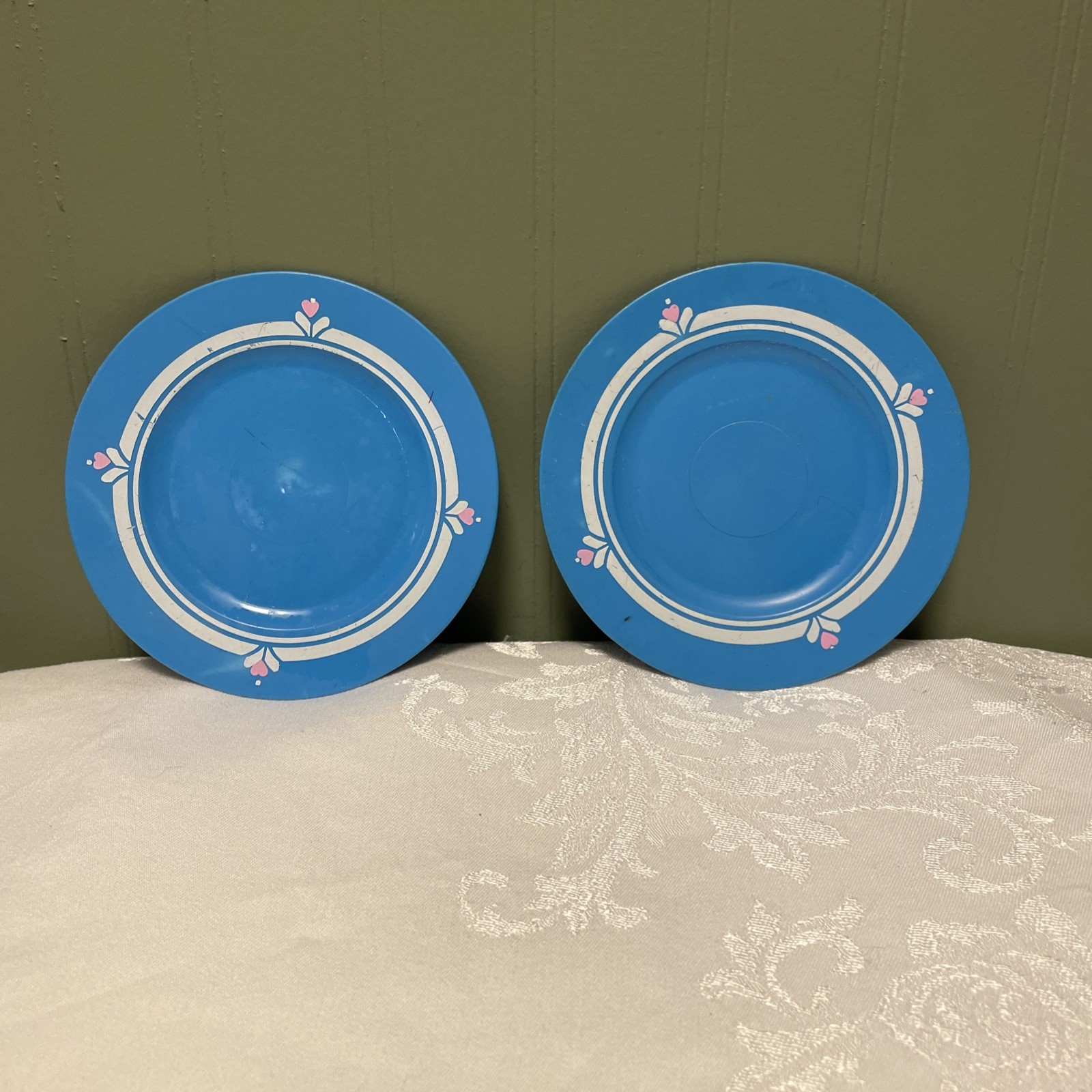 Vintage Fisher Price Toy Kitchen Plates Lot of 2 Blue White 