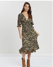 FAITHFULL THE BRAND Rafa Zebra Print Midi Dress Amaia Pale Yellow In Size 10