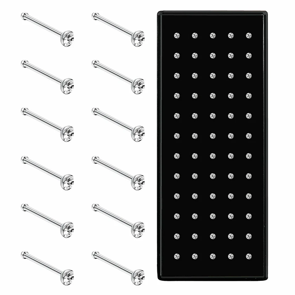 60 PIEZAS Acero Inoxidable Circonita cúbica Nariz Tachuelas Anillos Hueso Piercing Pin Joyería Corporal 22G Foto 3 de 4
