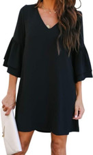Belongsci  Womens Ruffled 3/4 Sleeve Midi Shift Dress Black Size L Brand New