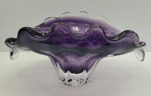 Vaso in vetro arte scanalata viola cristallo bohémien firmato con etichetta - Foto 1 di 7